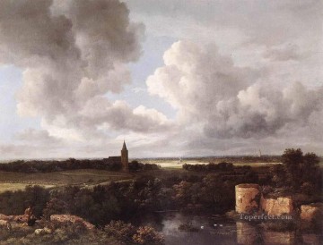 ヤコブ・ファン・ロイスダール Painting - 荒廃した城と村の教会のある広大な風景 ジェイコブ・アイザックゾーン・ファン・ロイスダール